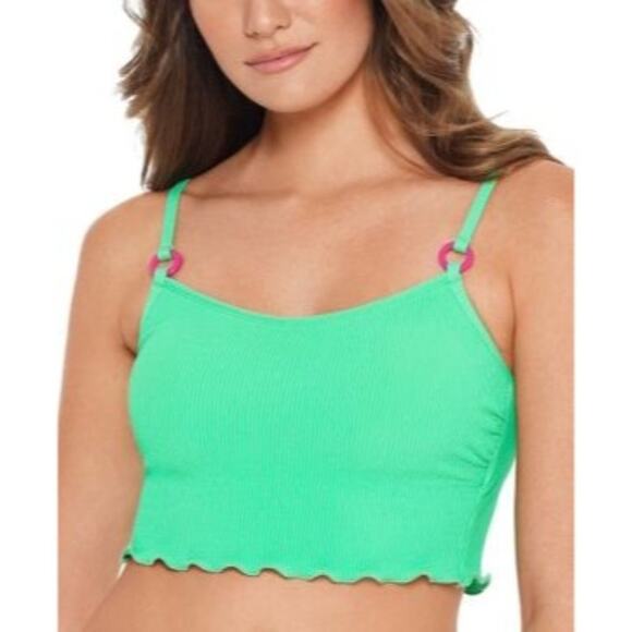 SALT + COVE Women Green Stretch Ruffled O-Ring Textured Scoop Neck Swim Top - Picture 2 of 7